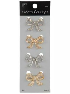 New Metal Gallery Bow Brooch Set - Mixed Silver & Gold Rhinestone Bows